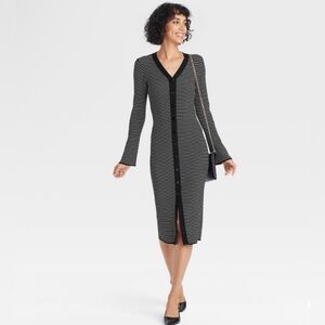 A New Day Black White Stripe Ribbed Midi Dress Button Front Bell Sleeves Lg New